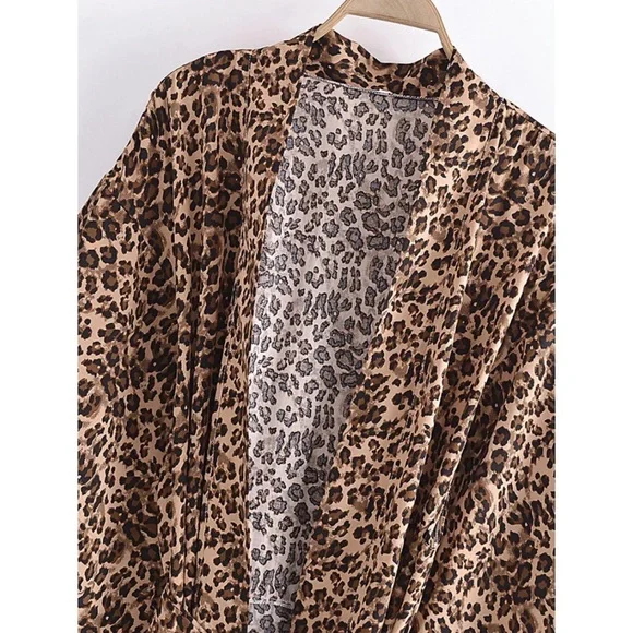 Brown Tan Leopard Animal Print Open Kimono Duster Coverup Wrap Robe Casual - Picture 3 of 8